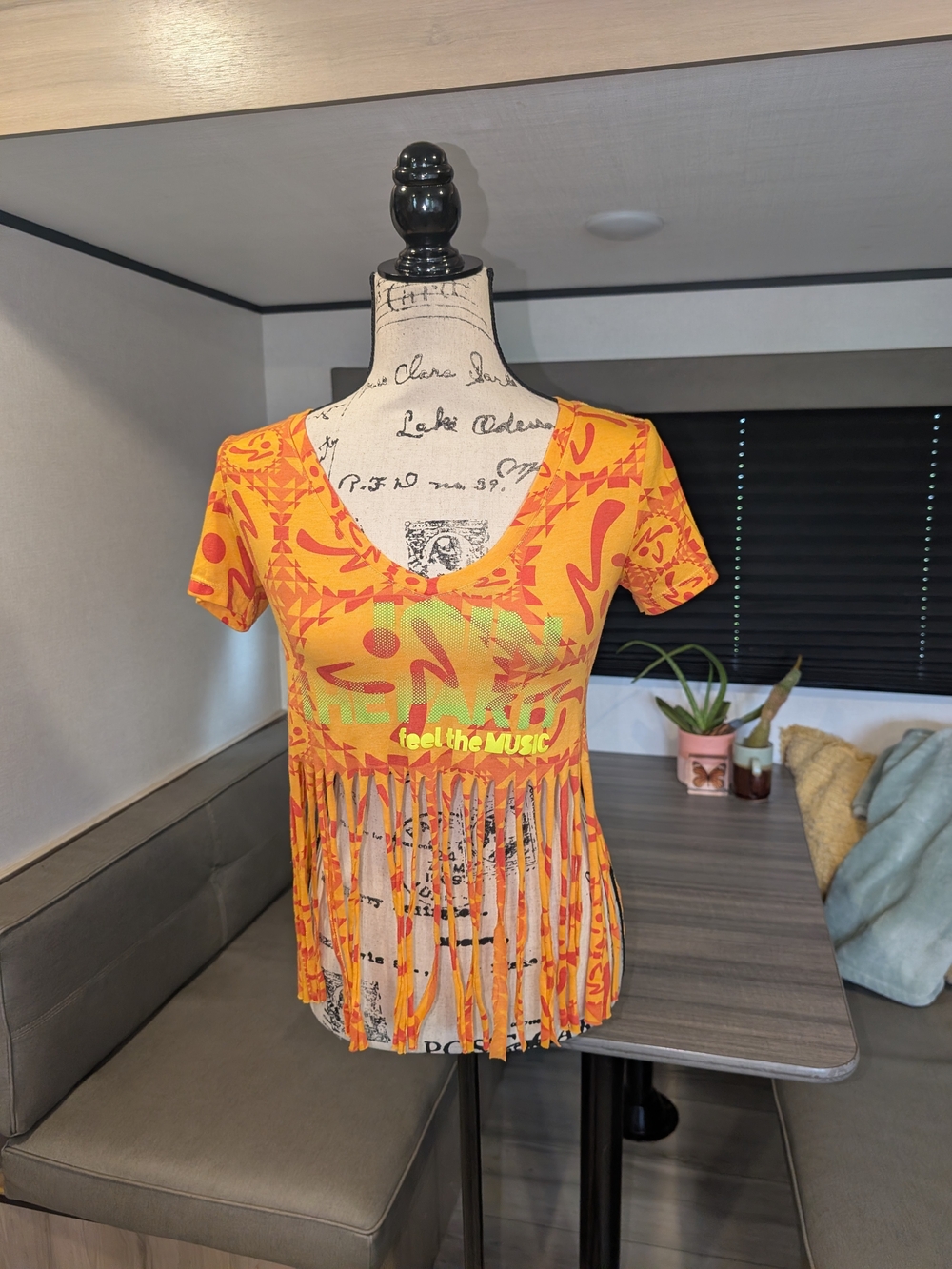 Vibrant Orange "Feel the Music" Zumba Wear Fringe V-Neck Top